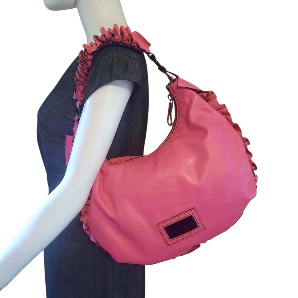 🎀 VALENTINO GARAVANI Ruffle Trimmed Nappa Leather Hobo Shoulder Bag- Hot Pink